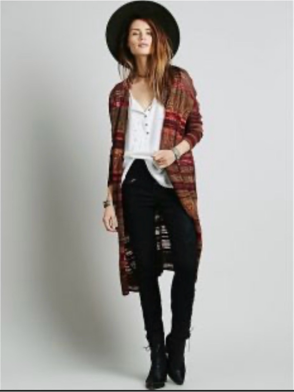 Free People Long Open-Front Tribal Knit Cardigan in Burgundy and Brown